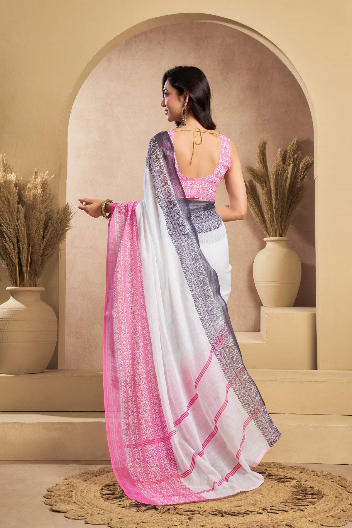 Dwija Fashion White Party Wear Printed Linen Ready To Wear Saree With Unstitched Blouse | Grocsy