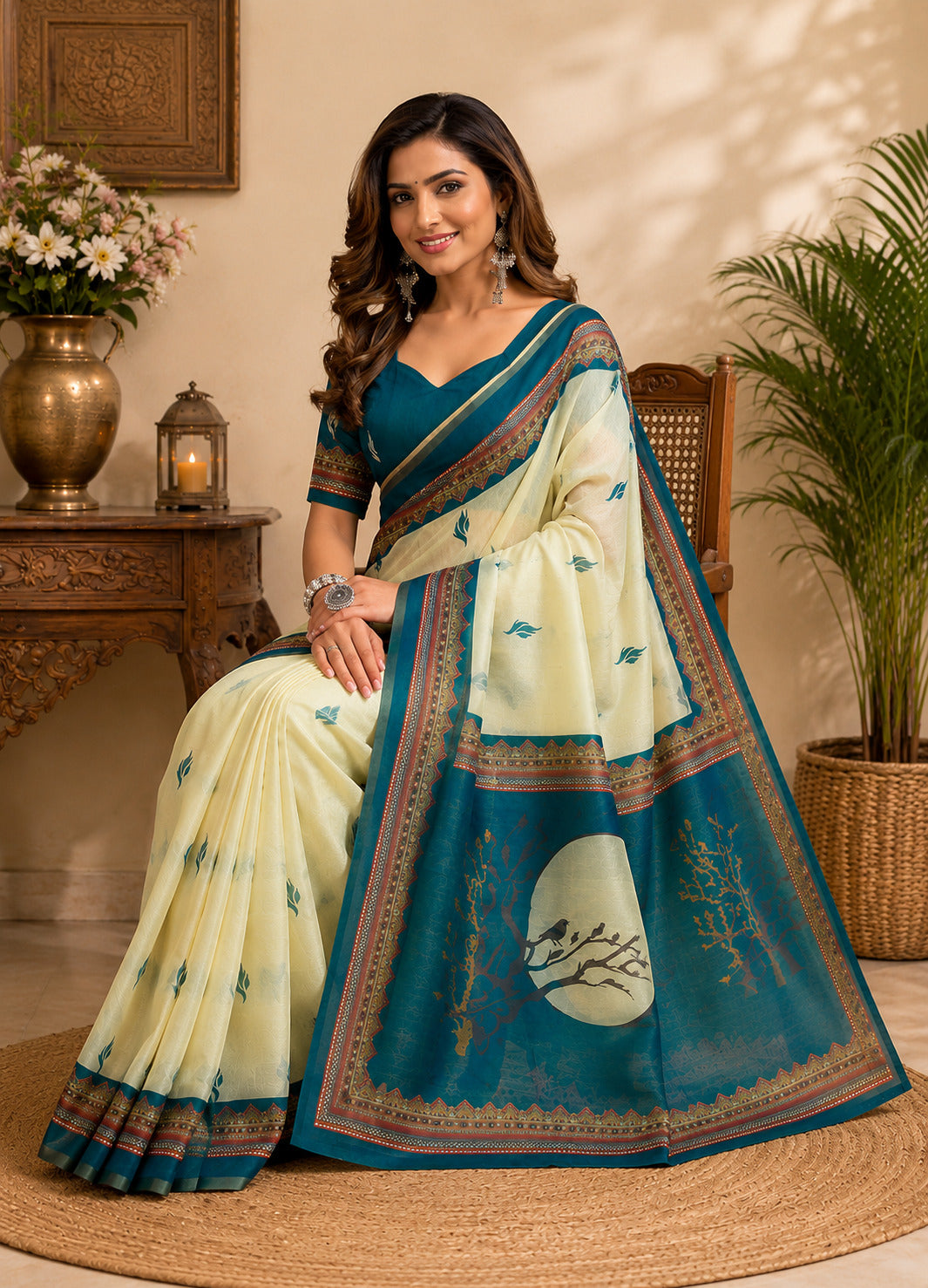 Dwija Fashion Off - White Party Wear Printed Linen Ready To Wear Saree With Unstitched Blouse | Grocsy