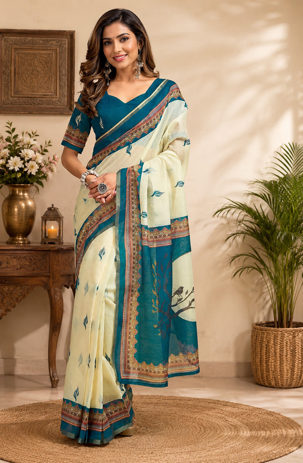 Dwija Fashion Off - White Party Wear Printed Linen Ready To Wear Saree With Unstitched Blouse | Grocsy