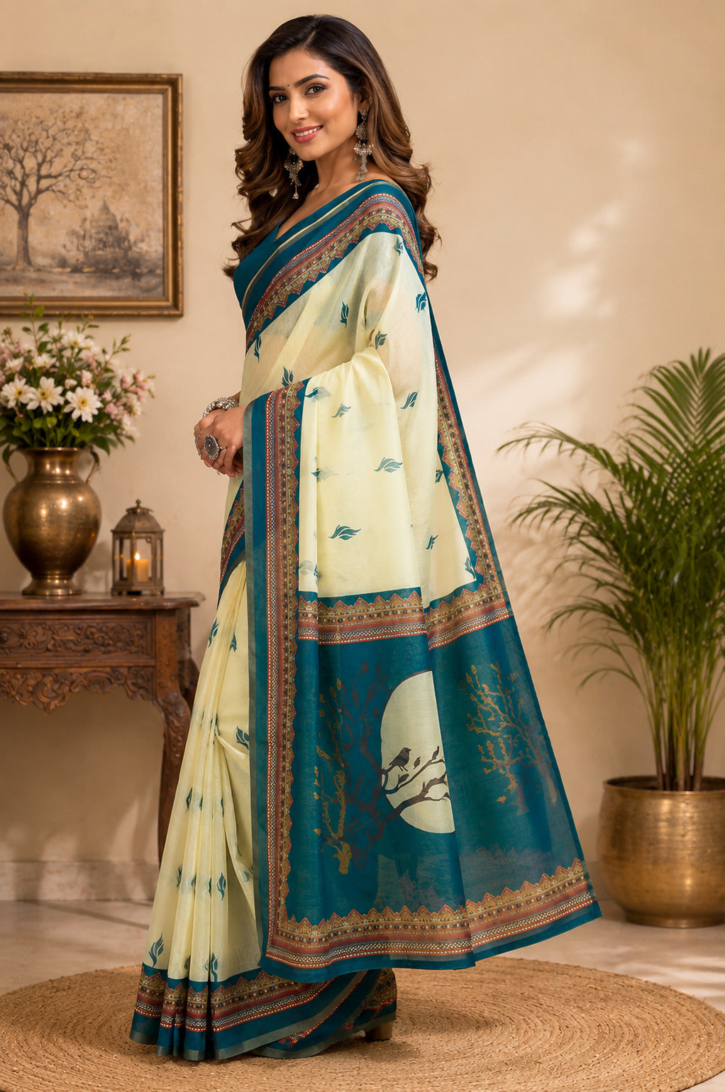 Dwija Fashion Off - White Party Wear Printed Linen Ready To Wear Saree With Unstitched Blouse | Grocsy