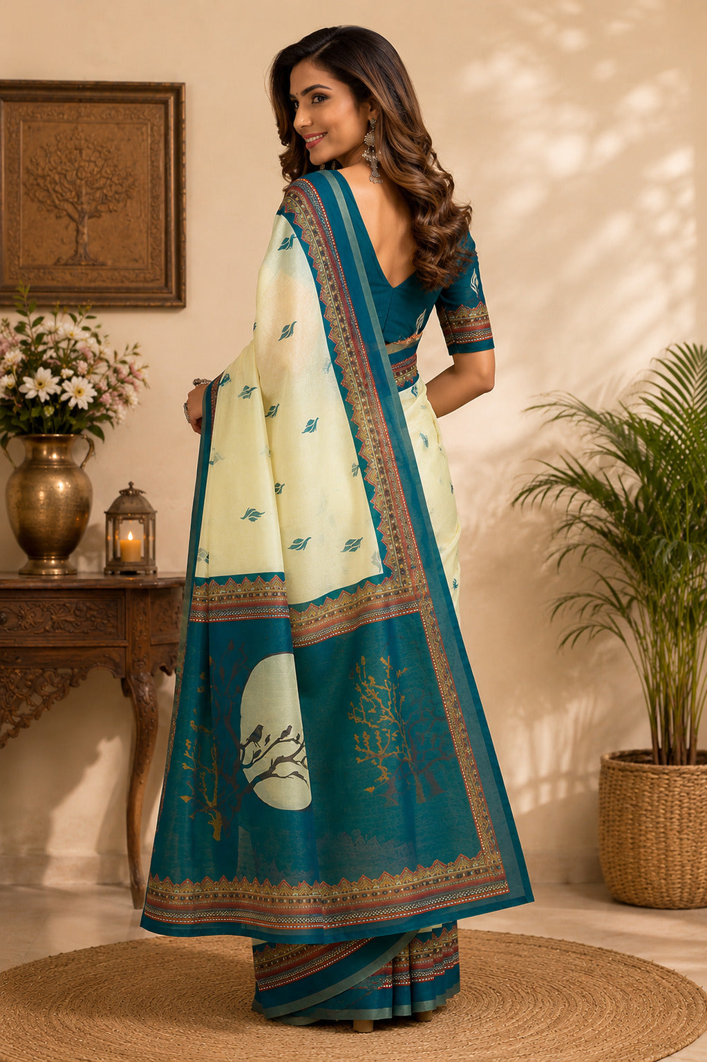 Dwija Fashion Off - White Party Wear Printed Linen Ready To Wear Saree With Unstitched Blouse | Grocsy