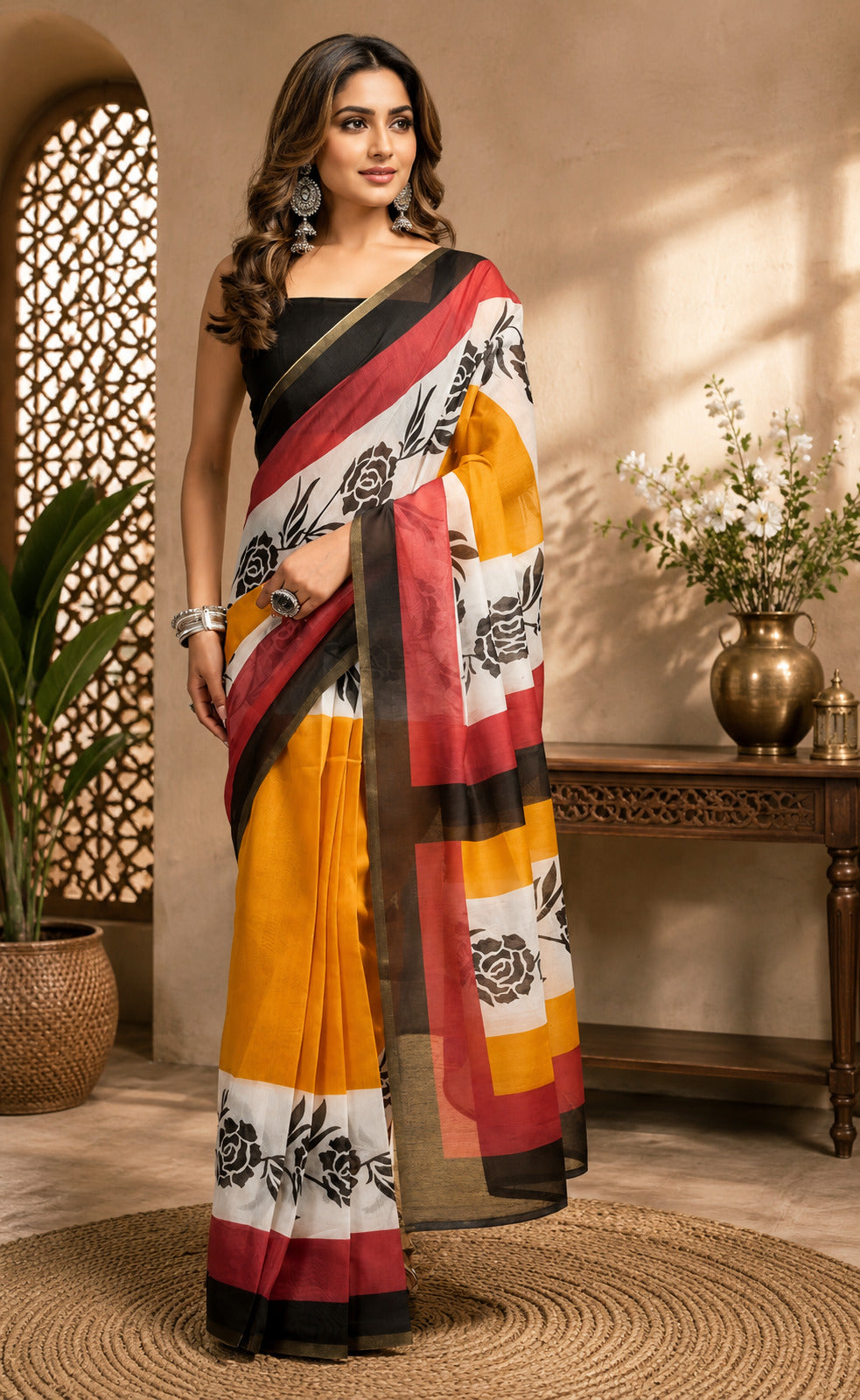 Dwija Fashion Multicolor Party Wear Printed Linen Ready To Wear Saree With Unstitched Blouse | Grocsy