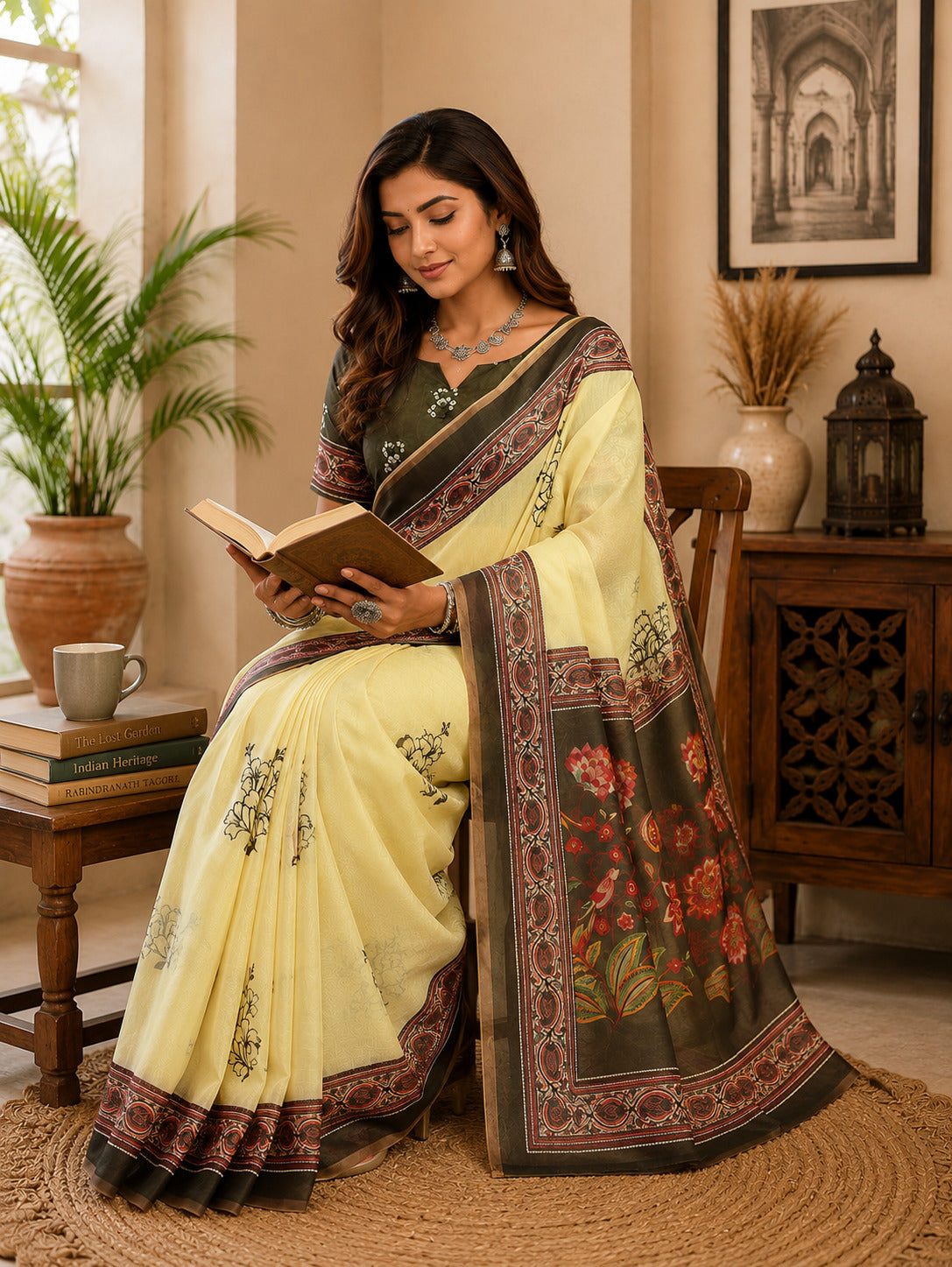 Dwija Fashion Lemon Yellow Party Wear Printed Linen Ready To Wear Saree With Unstitched Blouse | Grocsy