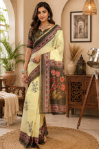 Dwija Fashion Lemon Yellow Party Wear Printed Linen Ready To Wear Saree With Unstitched Blouse | Grocsy