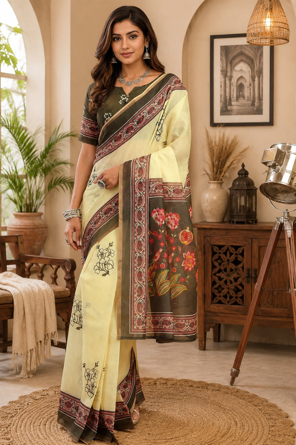 Dwija Fashion Lemon Yellow Party Wear Printed Linen Ready To Wear Saree With Unstitched Blouse | Grocsy