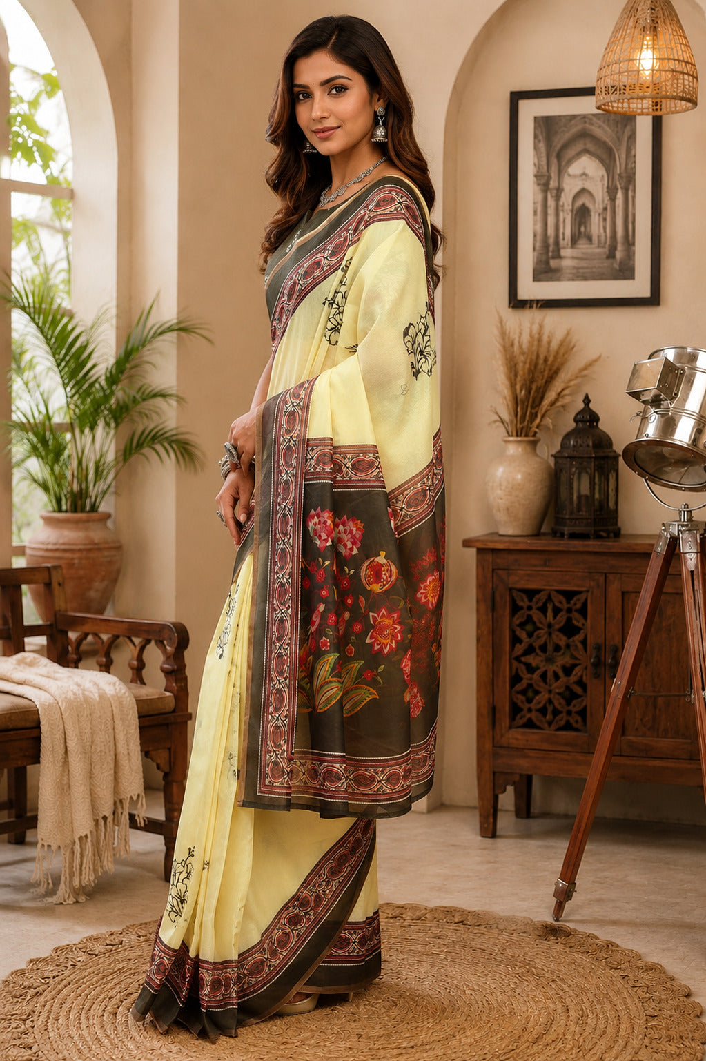Dwija Fashion Lemon Yellow Party Wear Printed Linen Ready To Wear Saree With Unstitched Blouse | Grocsy