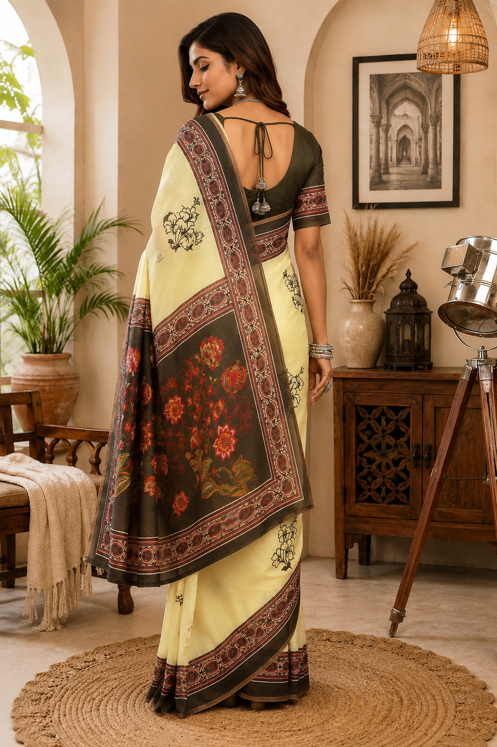 Dwija Fashion Lemon Yellow Party Wear Printed Linen Ready To Wear Saree With Unstitched Blouse | Grocsy