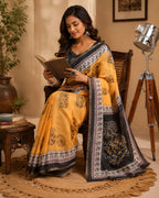 Dwija Fashion Yellow Party Wear Printed Linen Ready To Wear Saree With Unstitched Blouse | Grocsy