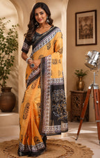 Dwija Fashion Yellow Party Wear Printed Linen Ready To Wear Saree With Unstitched Blouse | Grocsy