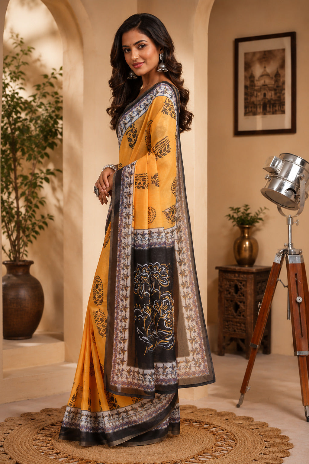 Dwija Fashion Yellow Party Wear Printed Linen Ready To Wear Saree With Unstitched Blouse | Grocsy