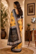Dwija Fashion Yellow Party Wear Printed Linen Ready To Wear Saree With Unstitched Blouse | Grocsy