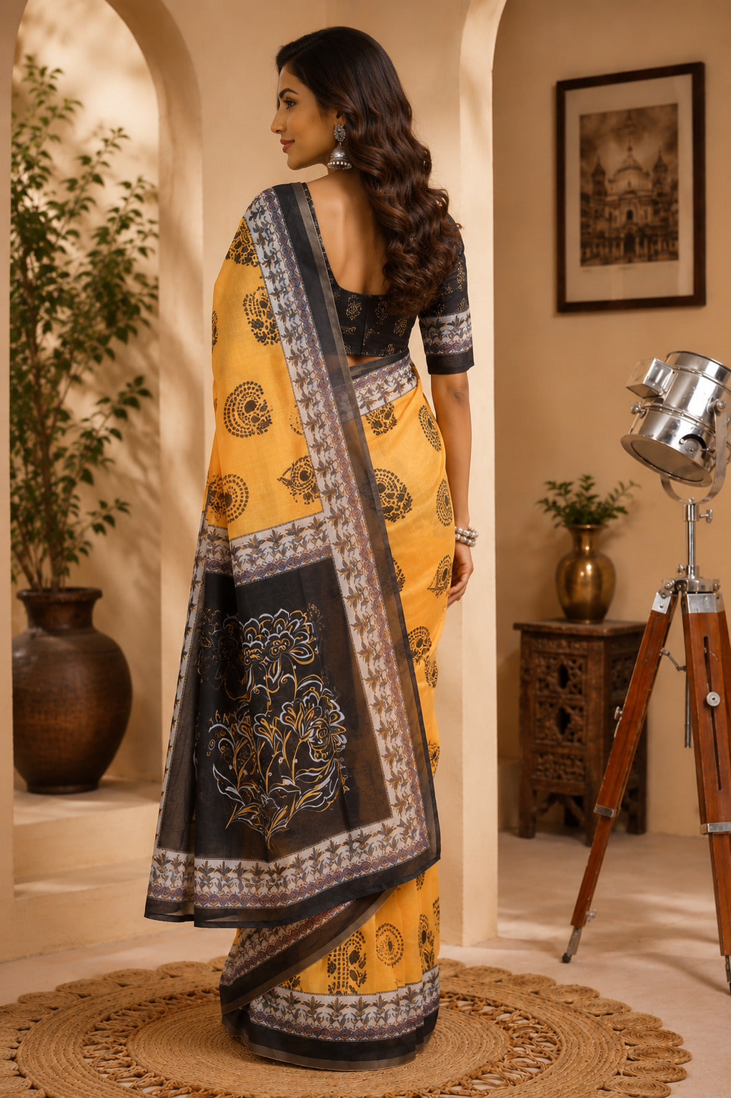 Dwija Fashion Yellow Party Wear Printed Linen Ready To Wear Saree With Unstitched Blouse | Grocsy
