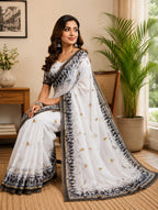 Dwija Fashion White Party Wear Printed Linen Ready To Wear Saree With Unstitched Blouse | Grocsy