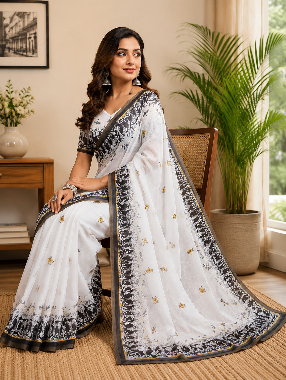 Dwija Fashion White Party Wear Printed Linen Ready To Wear Saree With Unstitched Blouse | Grocsy