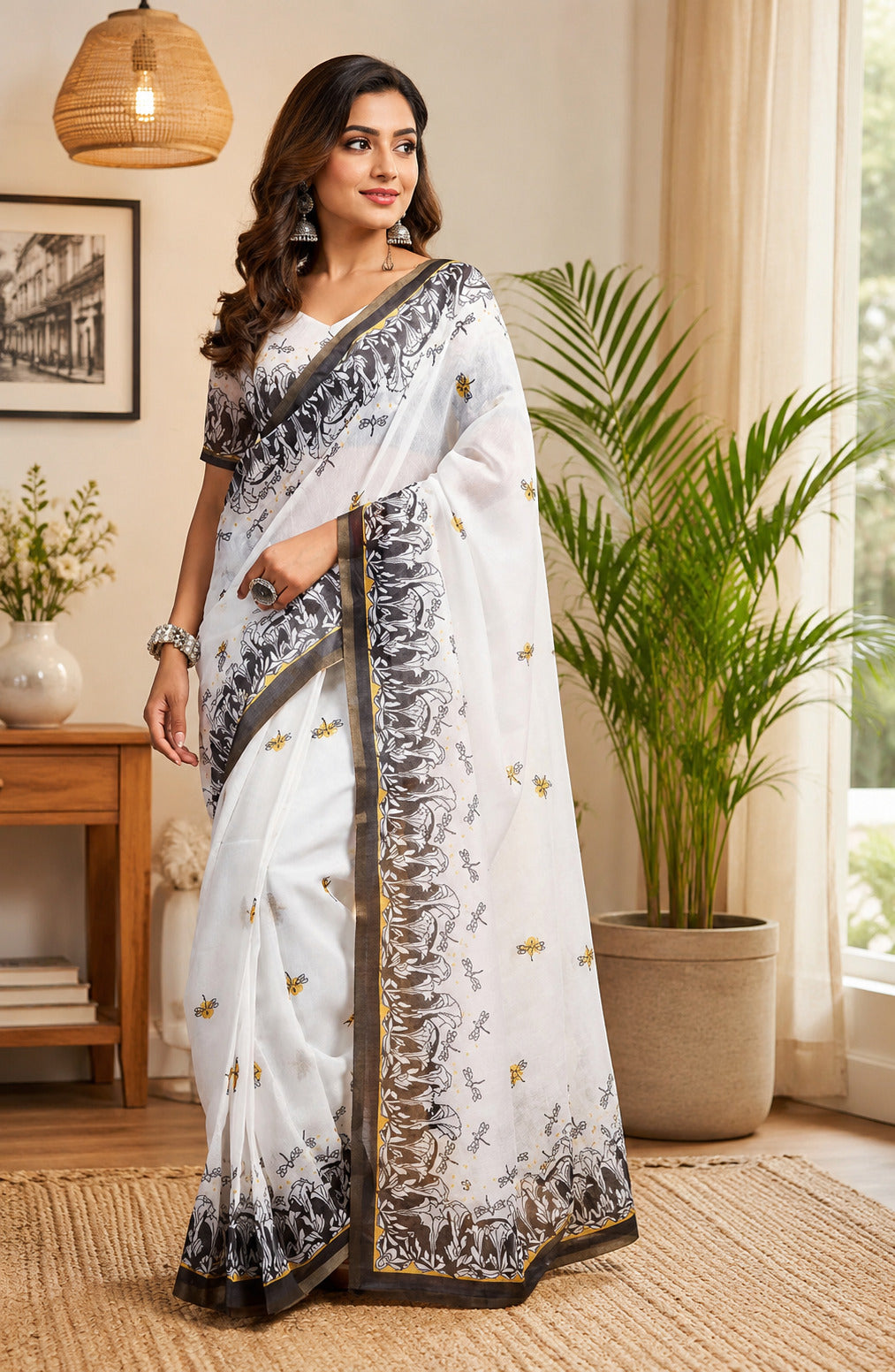 Dwija Fashion White Party Wear Printed Linen Ready To Wear Saree With Unstitched Blouse | Grocsy