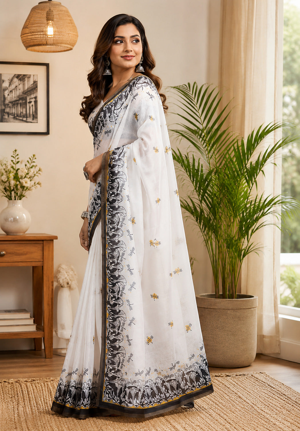 Dwija Fashion White Party Wear Printed Linen Ready To Wear Saree With Unstitched Blouse | Grocsy