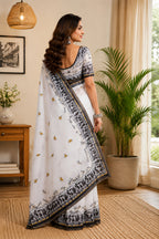 Dwija Fashion White Party Wear Printed Linen Ready To Wear Saree With Unstitched Blouse | Grocsy