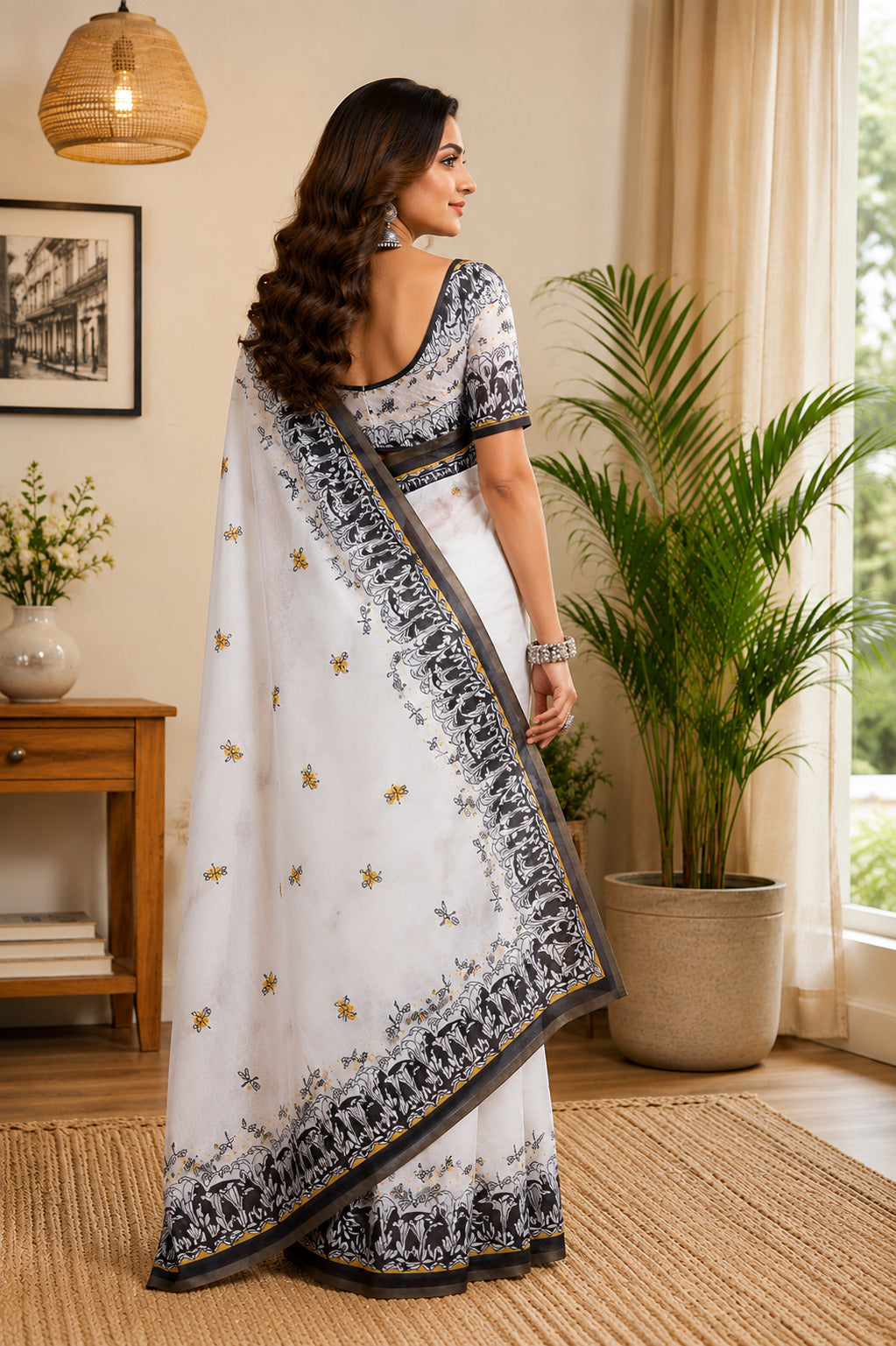 Dwija Fashion White Party Wear Printed Linen Ready To Wear Saree With Unstitched Blouse | Grocsy