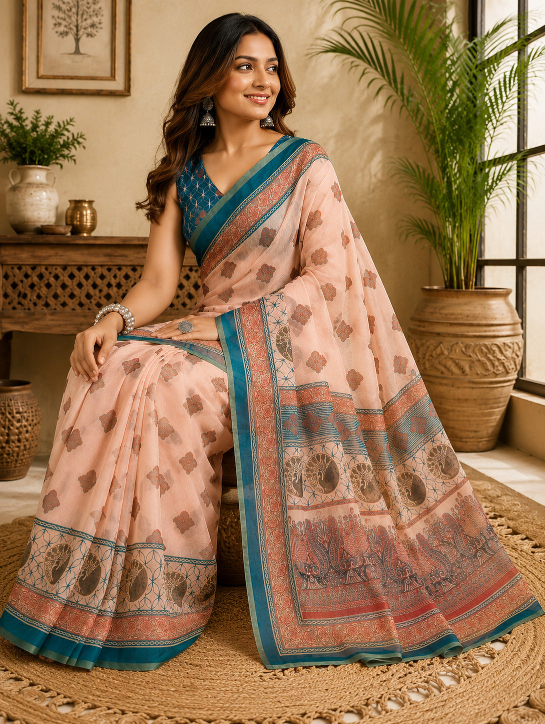 Dwija Fashion Peach Party Wear Printed Linen Ready To Wear Saree With Unstitched Blouse | Grocsy