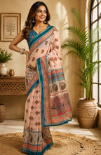 Dwija Fashion Peach Party Wear Printed Linen Ready To Wear Saree With Unstitched Blouse | Grocsy