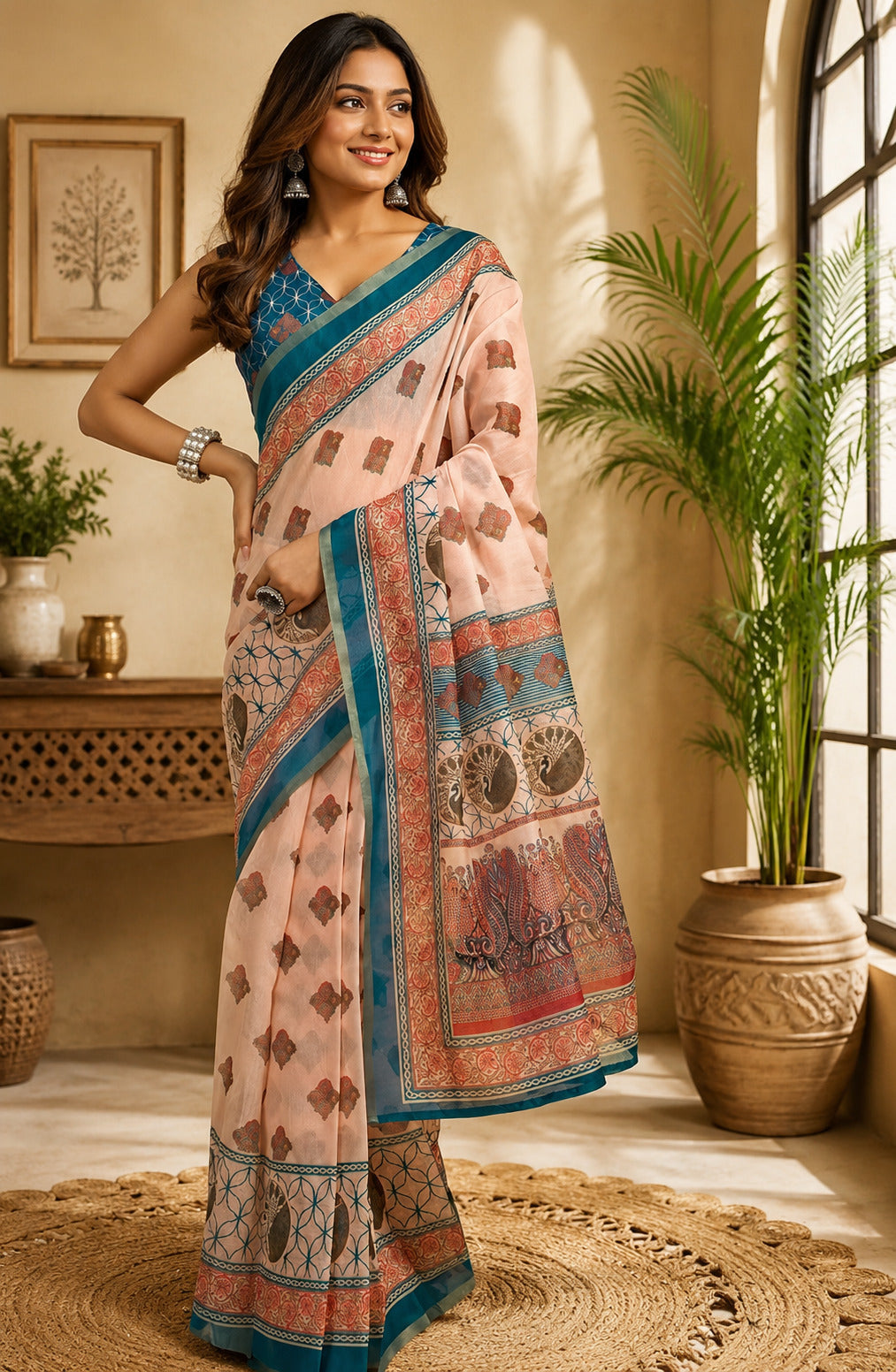 Dwija Fashion Peach Party Wear Printed Linen Ready To Wear Saree With Unstitched Blouse | Grocsy