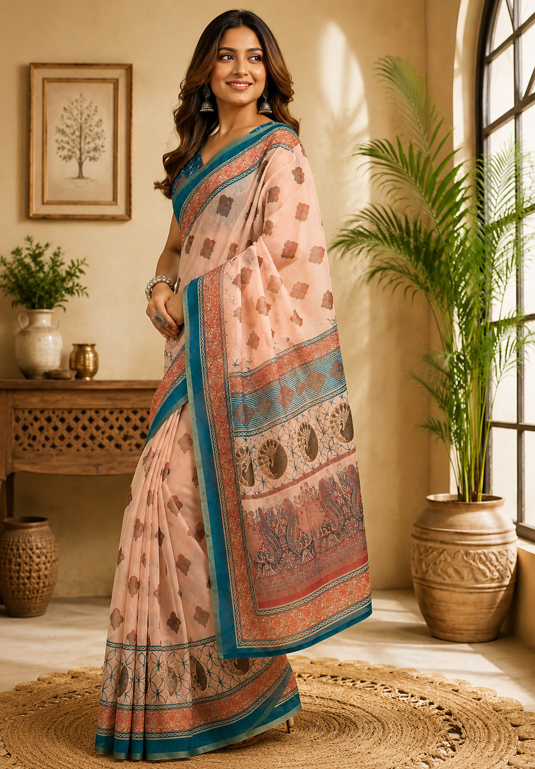 Dwija Fashion Peach Party Wear Printed Linen Ready To Wear Saree With Unstitched Blouse | Grocsy
