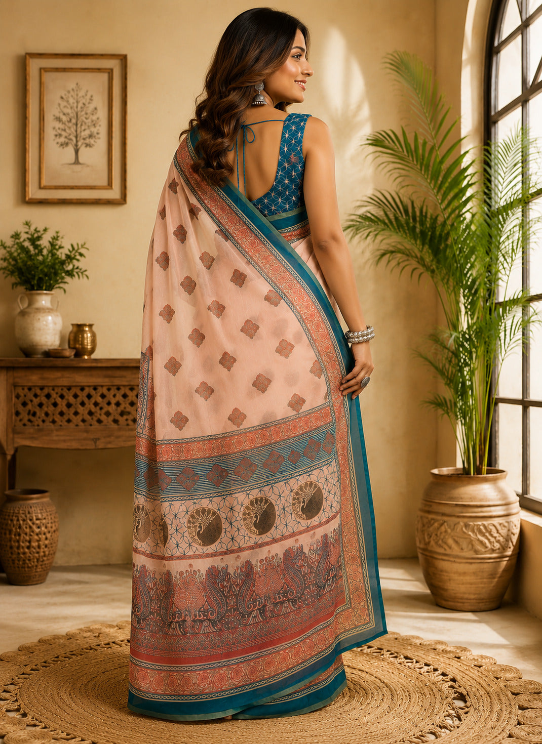 Dwija Fashion Peach Party Wear Printed Linen Ready To Wear Saree With Unstitched Blouse | Grocsy
