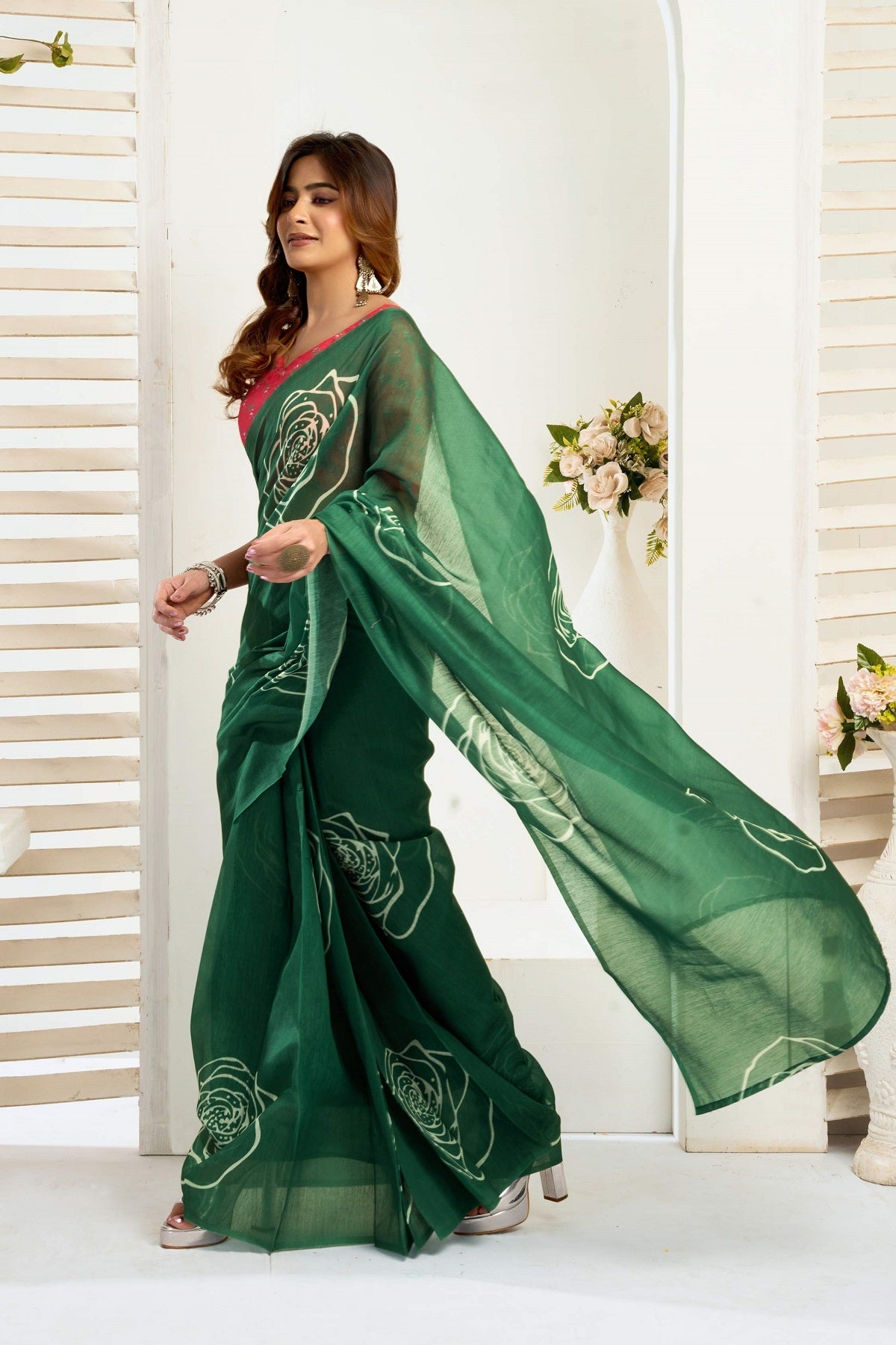 Dwija Fashion Green Party Wear Printed Linen Ready To Wear Saree With Unstitched Blouse | Grocsy