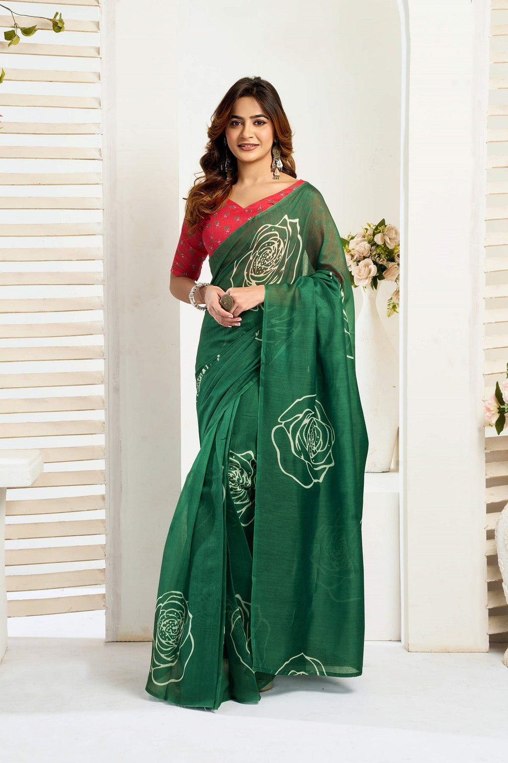 Dwija Fashion Green Party Wear Printed Linen Ready To Wear Saree With Unstitched Blouse | Grocsy