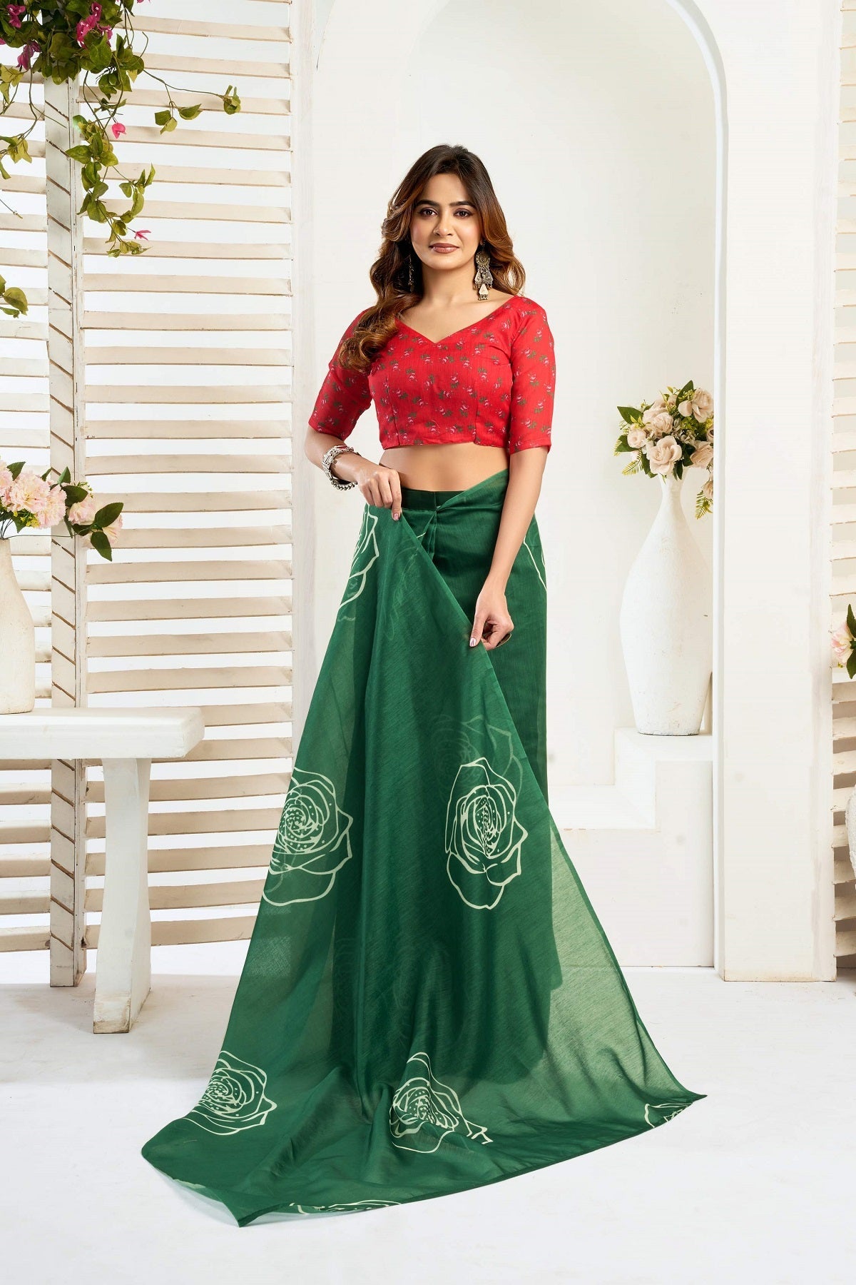 Dwija Fashion Green Party Wear Printed Linen Ready To Wear Saree With Unstitched Blouse | Grocsy