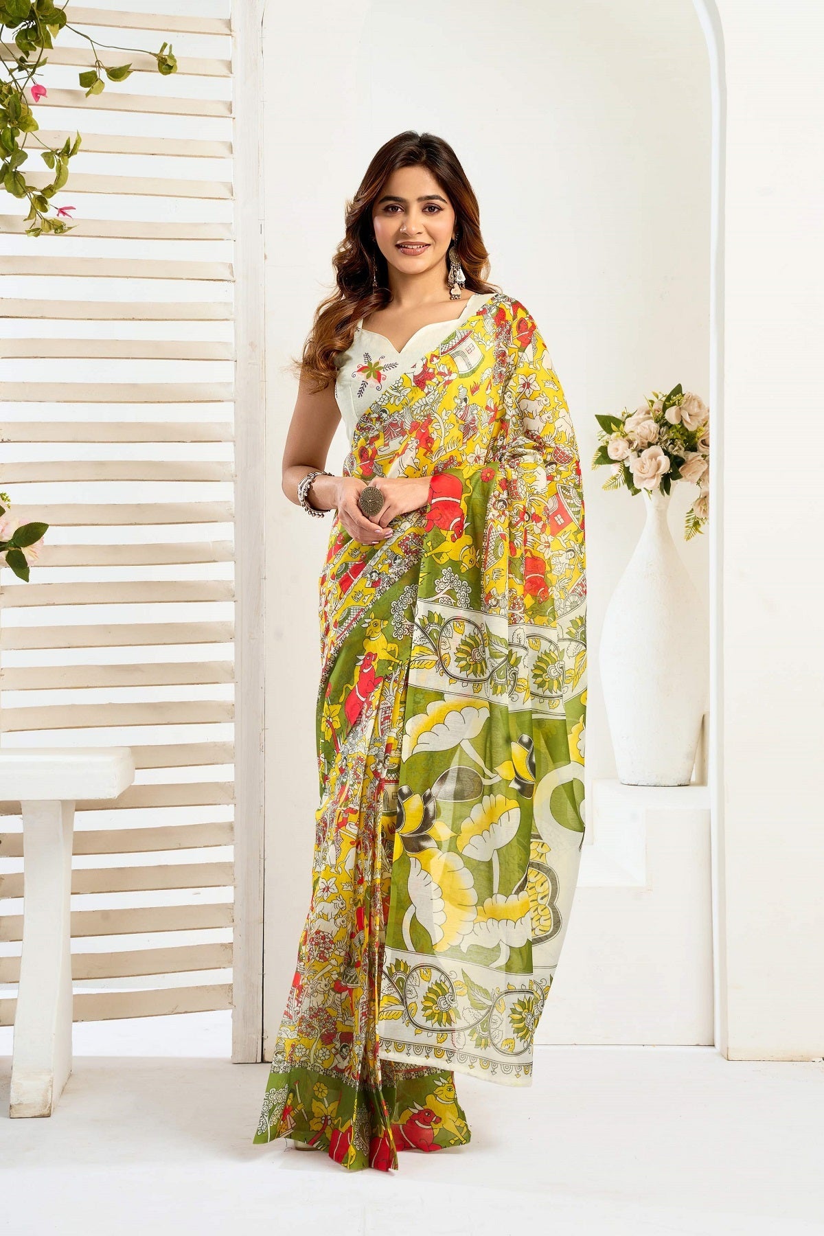 Dwija Fashion Yellow Party Wear Printed Linen Ready To Wear Saree With Unstitched Blouse | Grocsy