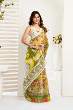 Dwija Fashion Yellow Party Wear Printed Linen Ready To Wear Saree With Unstitched Blouse | Grocsy