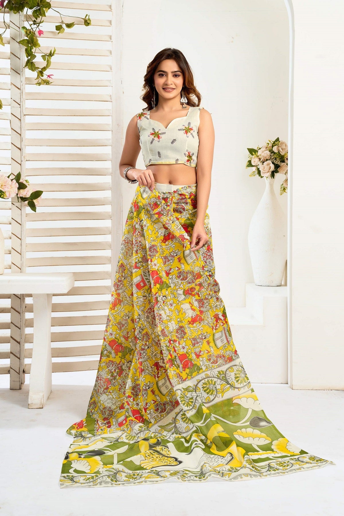 Dwija Fashion Yellow Party Wear Printed Linen Ready To Wear Saree With Unstitched Blouse | Grocsy