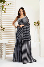 Dwija Fashion Black Party Wear Printed Linen Ready To Wear Saree With Unstitched Blouse | Grocsy