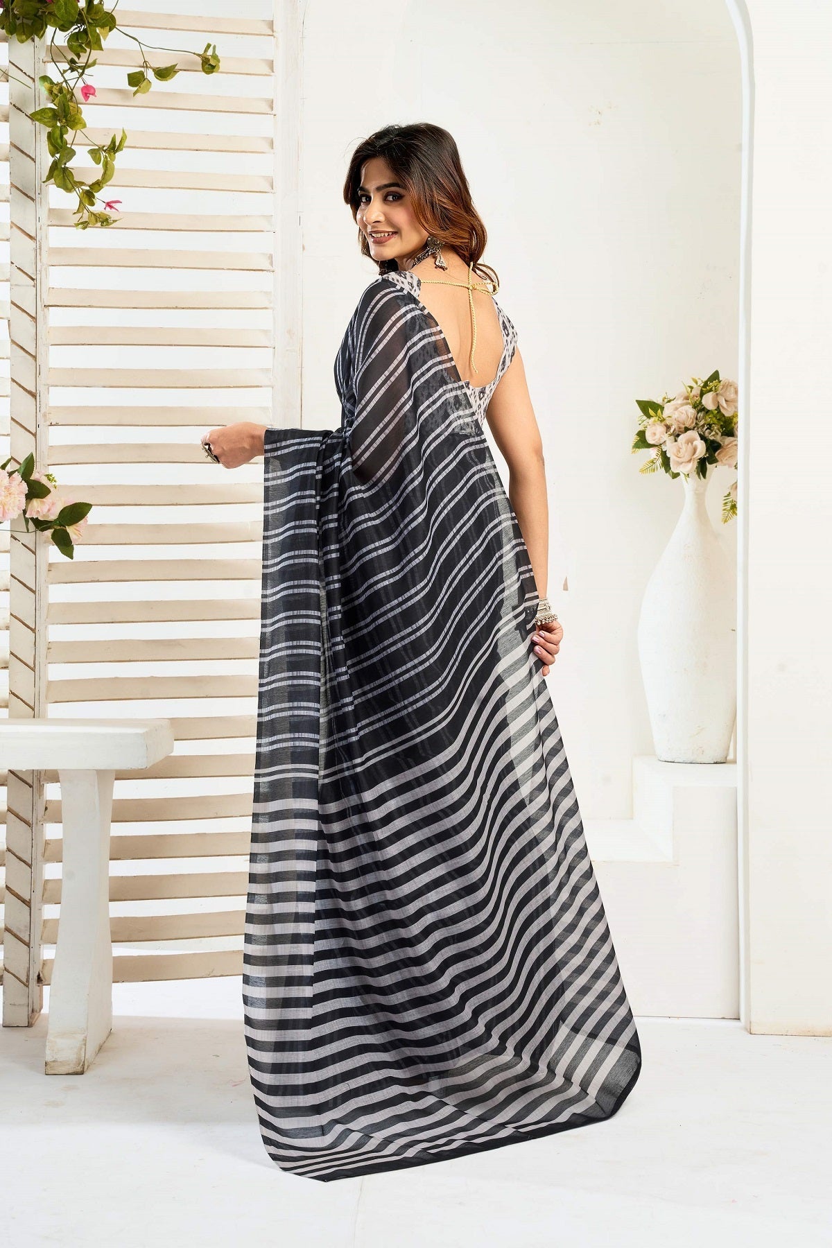 Dwija Fashion Black Party Wear Printed Linen Ready To Wear Saree With Unstitched Blouse | Grocsy