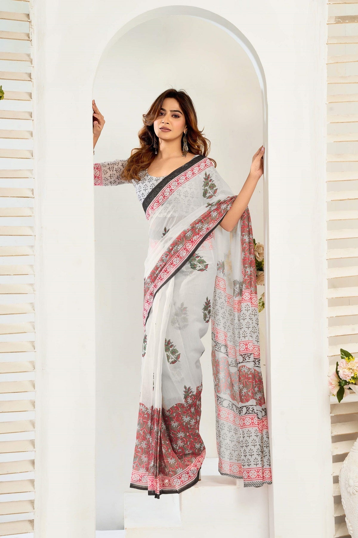 Dwija Fashion White Party Wear Printed Linen Ready To Wear Saree With Unstitched Blouse | Grocsy
