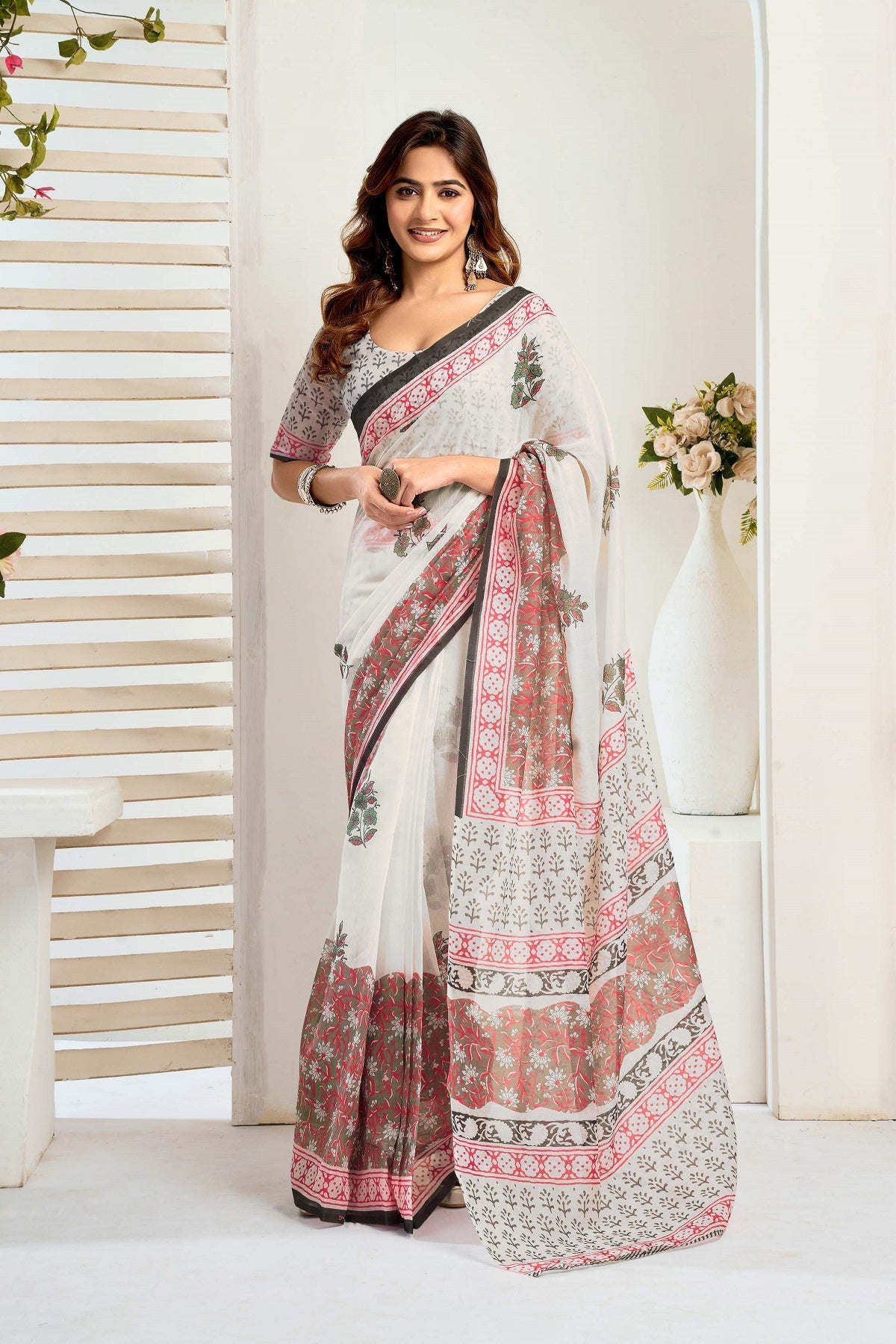 Dwija Fashion White Party Wear Printed Linen Ready To Wear Saree With Unstitched Blouse | Grocsy
