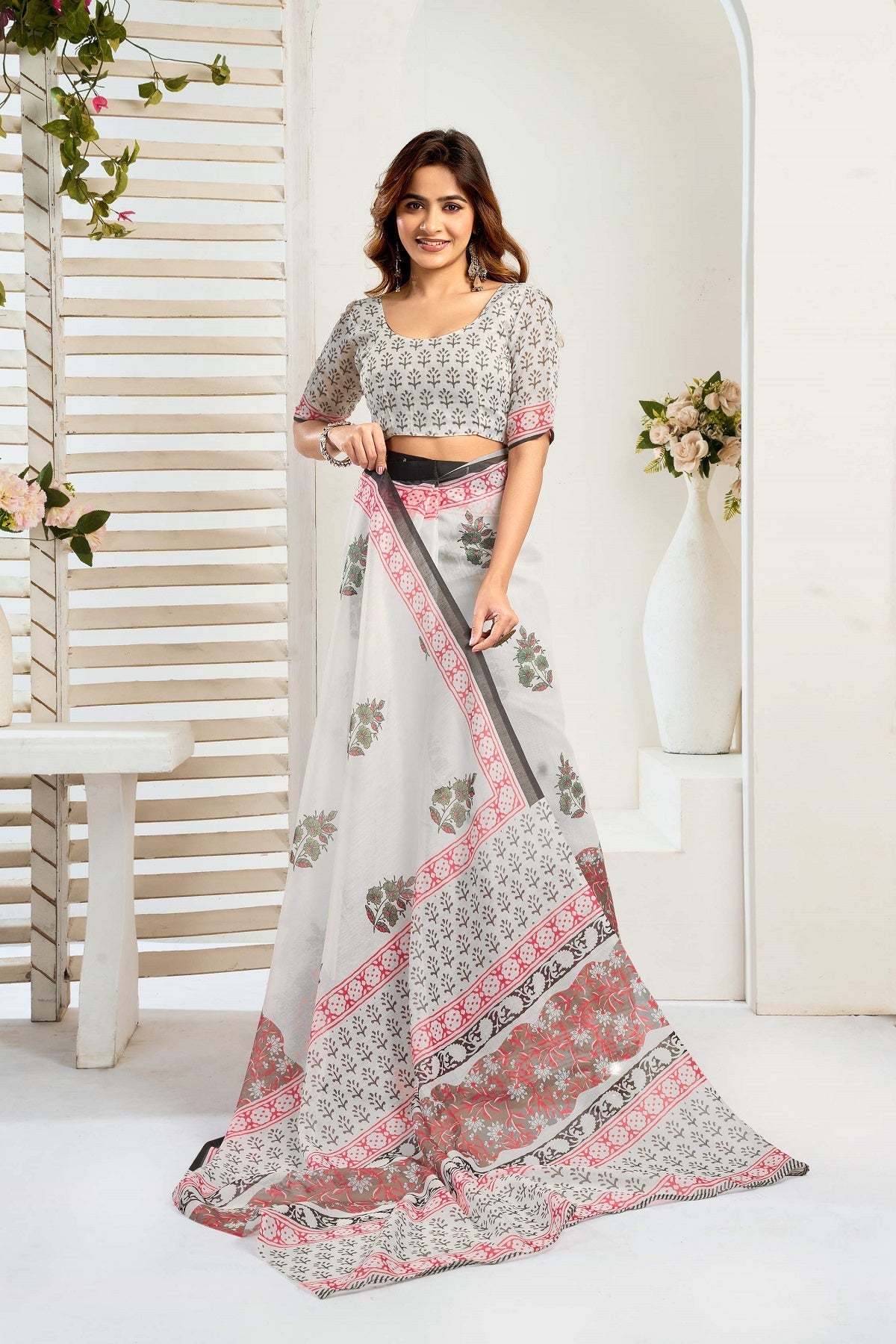 Dwija Fashion White Party Wear Printed Linen Ready To Wear Saree With Unstitched Blouse | Grocsy