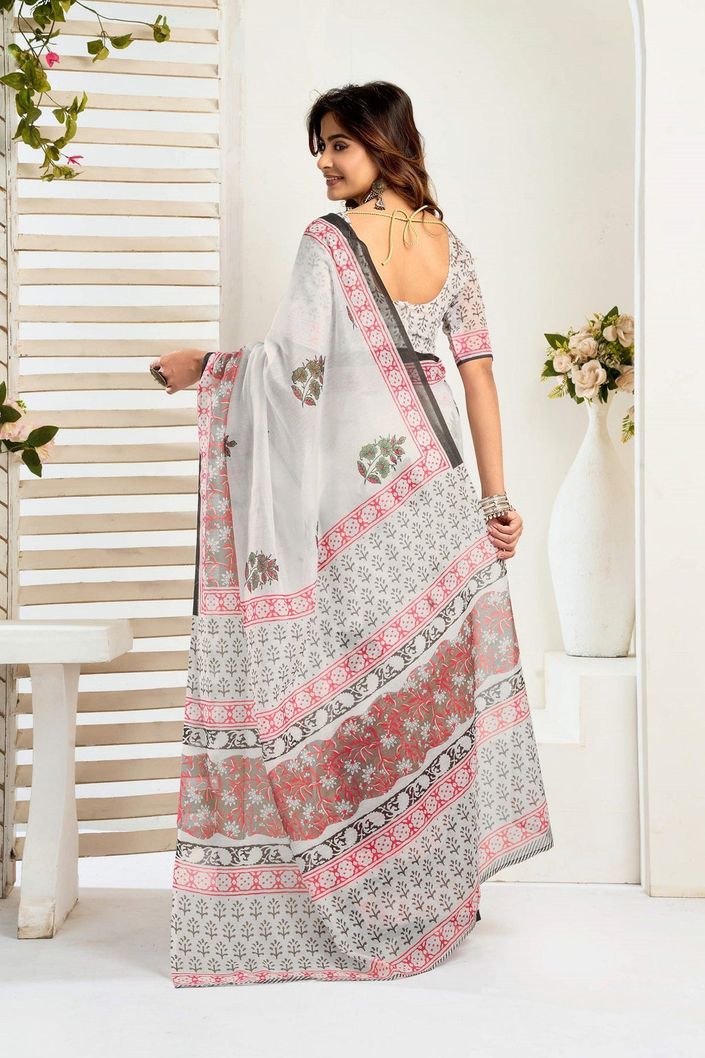 Dwija Fashion White Party Wear Printed Linen Ready To Wear Saree With Unstitched Blouse | Grocsy