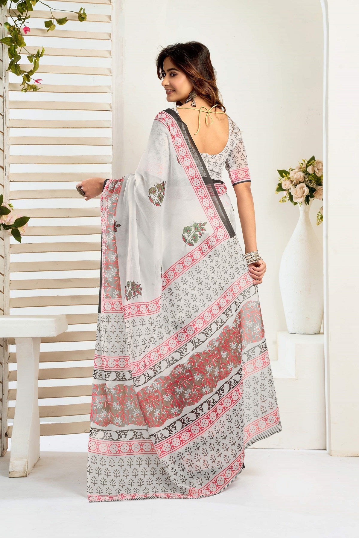 Dwija Fashion White Party Wear Printed Linen Ready To Wear Saree With Unstitched Blouse | Grocsy