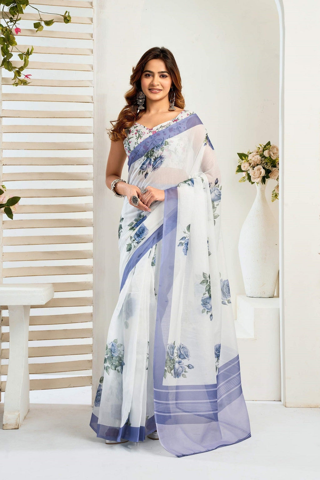 Dwija Fashion White Party Wear Printed Linen Ready To Wear Saree With Unstitched Blouse | Grocsy