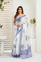 Dwija Fashion White Party Wear Printed Linen Ready To Wear Saree With Unstitched Blouse | Grocsy