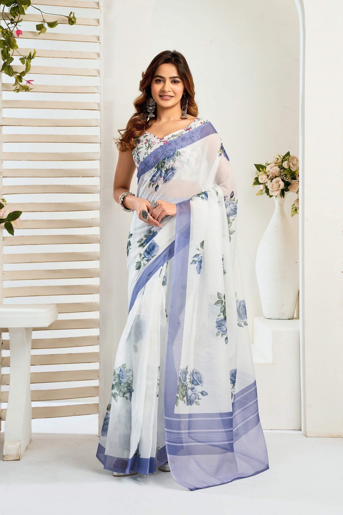 Dwija Fashion White Party Wear Printed Linen Ready To Wear Saree With Unstitched Blouse | Grocsy