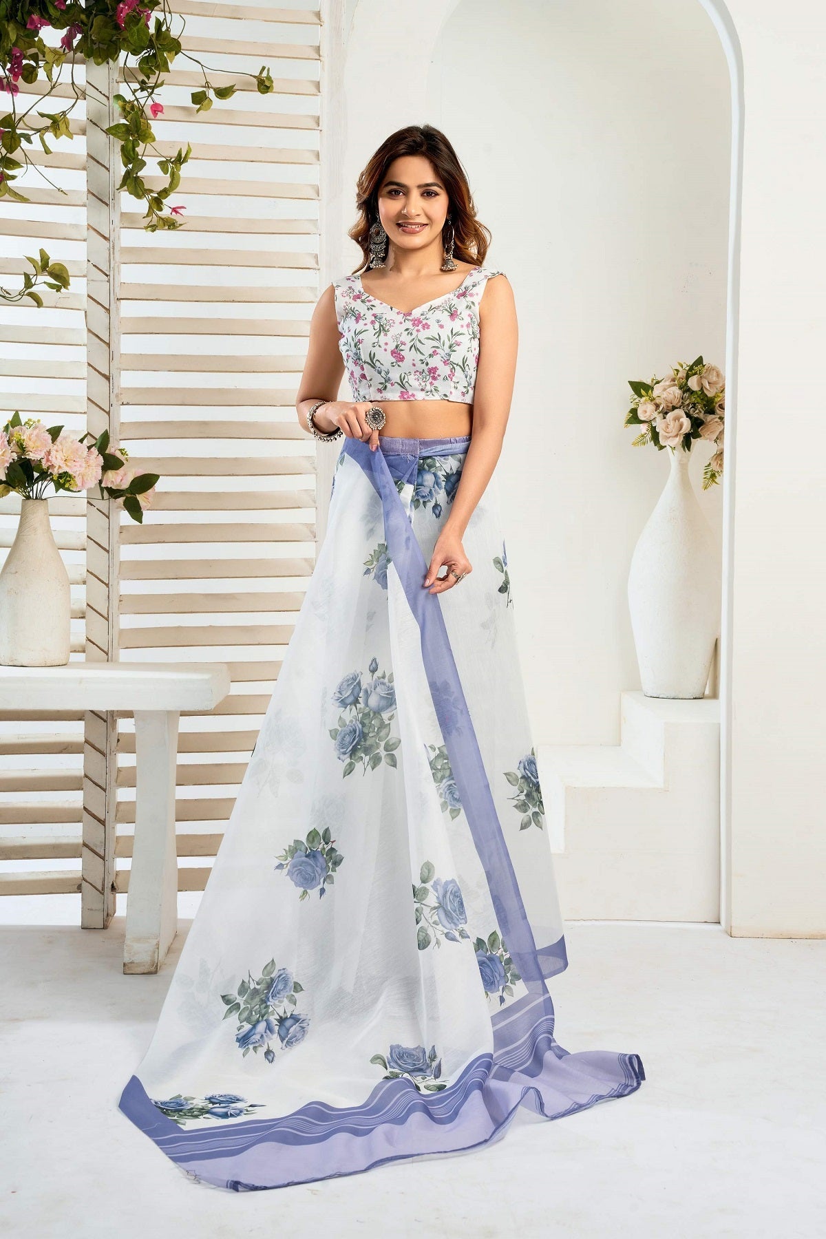 Dwija Fashion White Party Wear Printed Linen Ready To Wear Saree With Unstitched Blouse | Grocsy