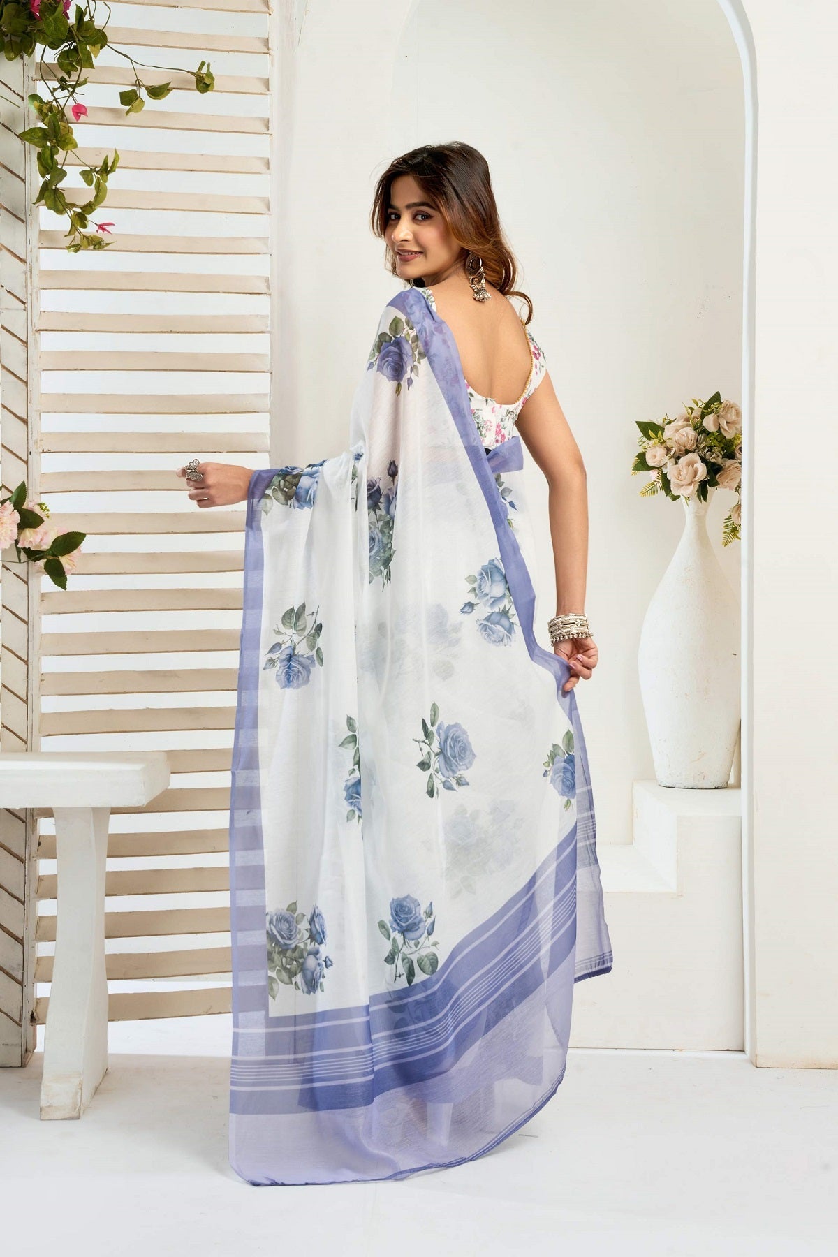 Dwija Fashion White Party Wear Printed Linen Ready To Wear Saree With Unstitched Blouse | Grocsy