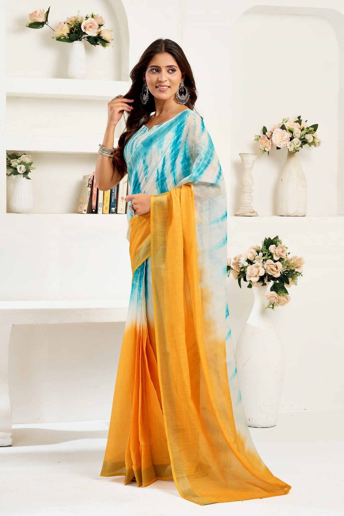 Dwija Fashion Yellow Party Wear Printed Linen Ready To Wear Saree With Unstitched Blouse | Grocsy