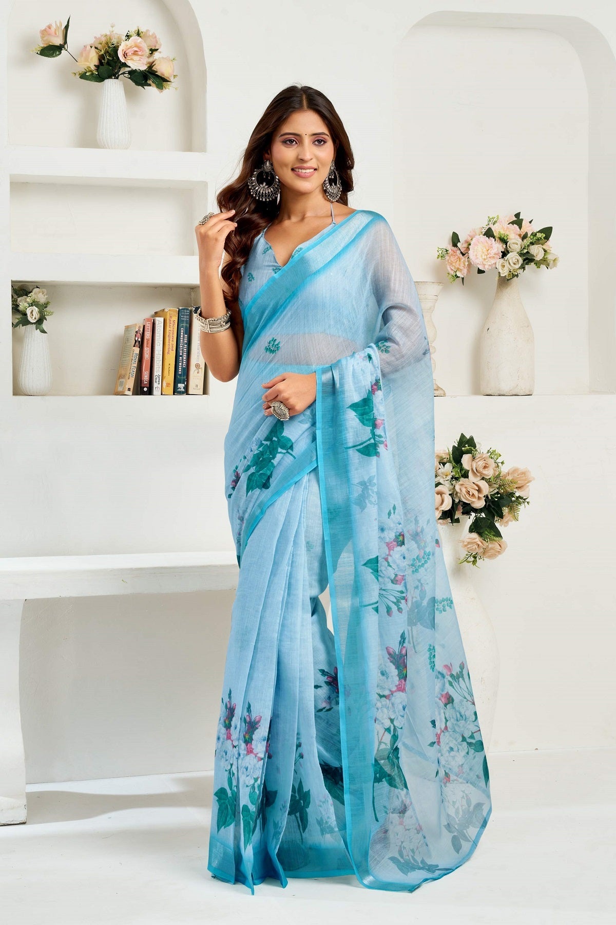 Dwija Fashion Powder Blue Party Wear Printed Linen Ready To Wear Saree With Unstitched Blouse | Grocsy