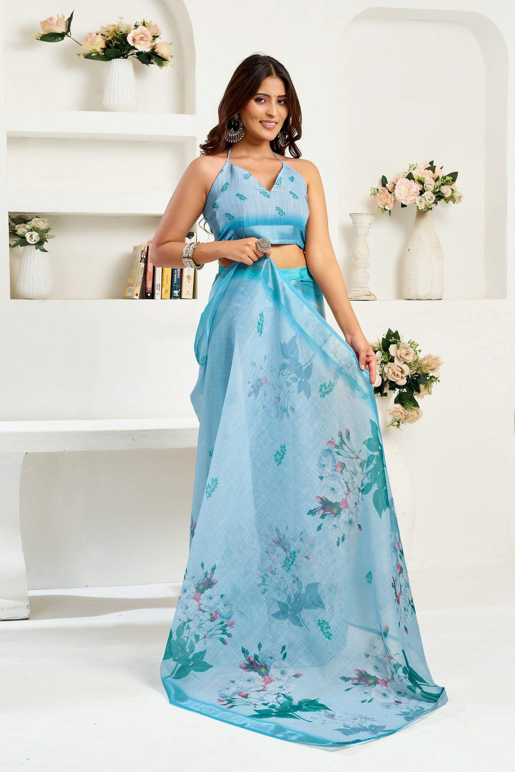 Dwija Fashion Powder Blue Party Wear Printed Linen Ready To Wear Saree With Unstitched Blouse | Grocsy