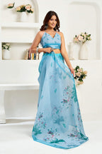 Dwija Fashion Powder Blue Party Wear Printed Linen Ready To Wear Saree With Unstitched Blouse | Grocsy