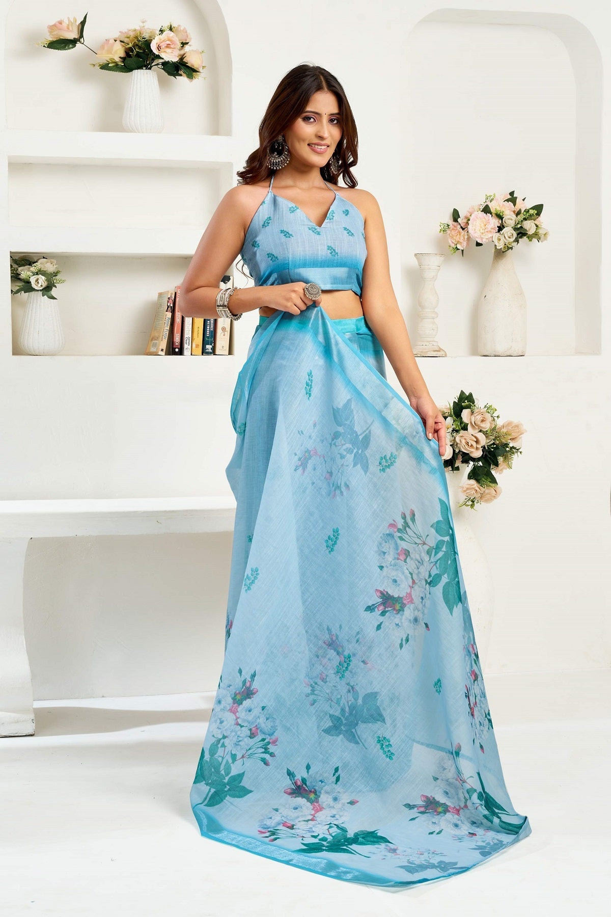 Dwija Fashion Powder Blue Party Wear Printed Linen Ready To Wear Saree With Unstitched Blouse | Grocsy